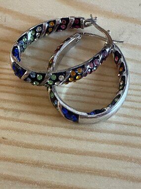 Vintage Silver Rainbow Rhinestone Oval Hoop Earrings Inside Out Multi-Color